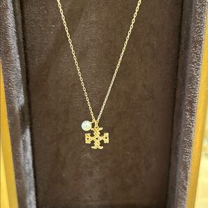 Tory Burch moondance rose gold  texture pearl Pave small Logo Pendant Necklace -